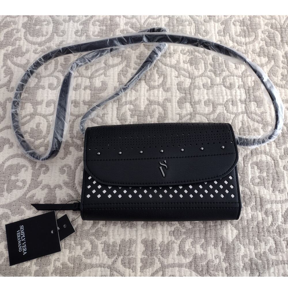 Signature Vera Wang NEW Black Studded Vegan Leather Signature Mini Crossbody Bag